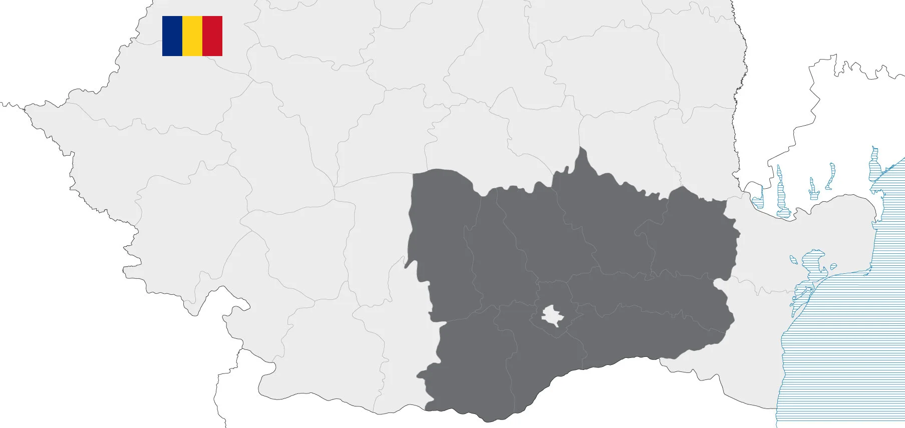 Karte von Rumänien mit hervorgehobener Region Muntenien als Aktivitätsgebiet von KLM Development Romania